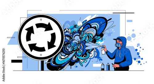 Urban Artist Sprays Graffiti on a Roundabout Sign with Creative Flair