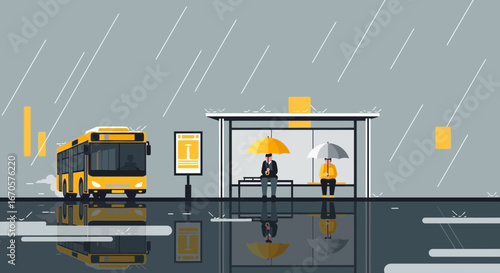 Urban Commute During Rainy Day People Waiting At Bus Stop City Life
