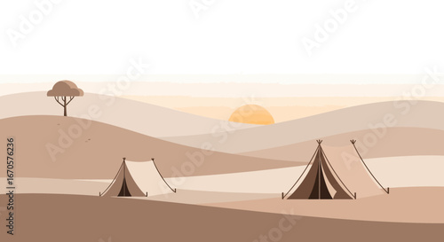 Tranquil Desert Landscape with Tents and Rising Sun Background