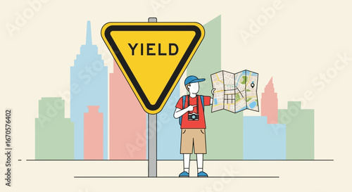 Urban Exploration Tourist Navigating Streets With Yield Sign And Cityscape