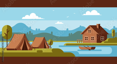 Tranquil Getaway Cabin And Campsites In Flat Design Mountain Scenery