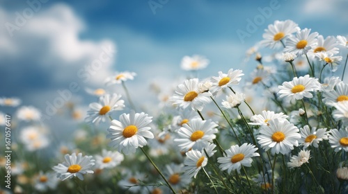 A vibrant field of daisies blooms under a blue sky, showcasing nature"s beauty and tranquility.