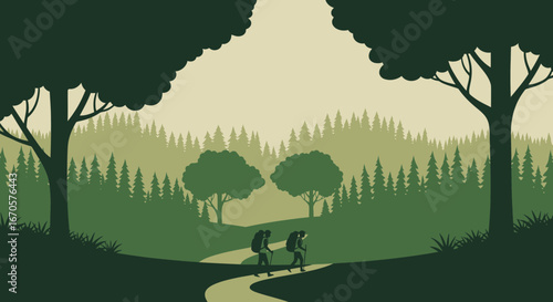 Tranquil journey: A vector illustration of hikers in a serene forest landscape