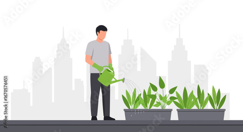 Urban Gardener Taking Care Of Potted Plants On A City Building Rooftop