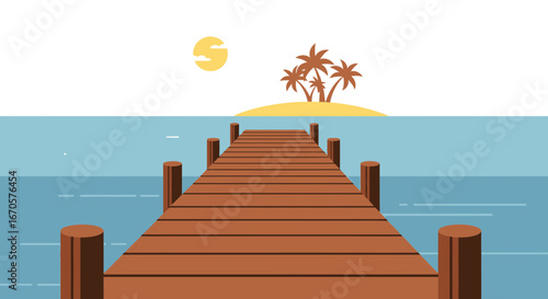 Tranquil Island View From Wooden Pier During Sunset In Tropical Scenery