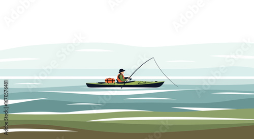 Tranquil Kayak Fishing Adventure on Calm Waters with Natural Beauty