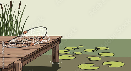 Tranquil Lakeside Scene With Fishing Net And Lily Pads On A Calm Day