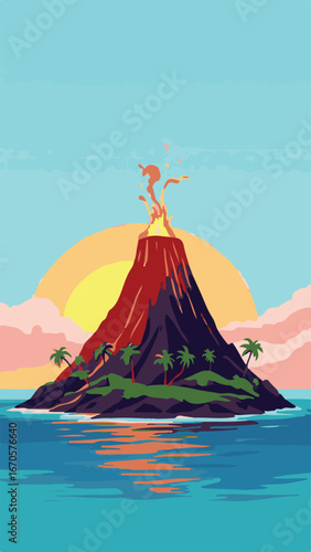 Active Volcano Eruption with Sunset Background