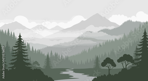 Tranquil Mountain Valley Vector Scenery With Layers Of Evergreen Forest And Serene River