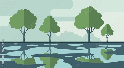 Tranquil Reflections Serene Trees After Rain Flat Vector Illustration