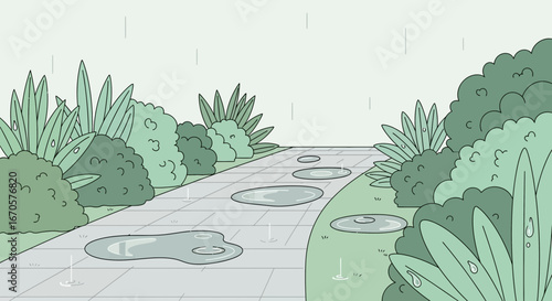 Tranquil Rainy Day Landscape Illustration Featuring a Stone Path and Lush Greenery