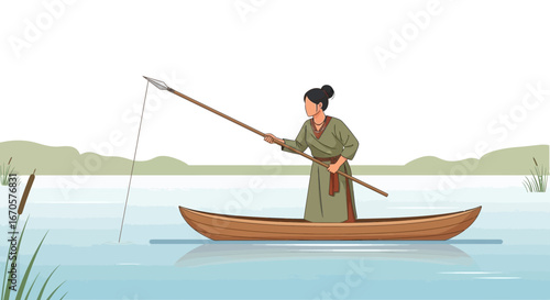 Tranquil River Scene Woman in Boat Angling Vector Illustration Art