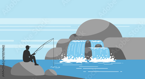 Tranquil scene of a fisherman enjoying a peaceful day by a beautiful waterfall