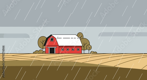 Tranquil Rural Scene Red Barn Under Rainy Sky Countryside Landscape