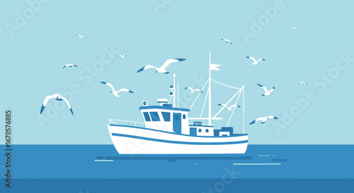 Tranquil Scene Of A Fishing Boat Sailing On The Blue Sea With Seagulls