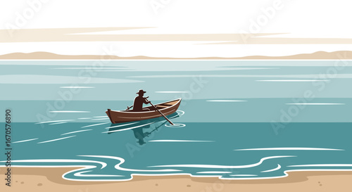 Tranquil scene of a lone fisherman rowing a small boat on a calm blue sea