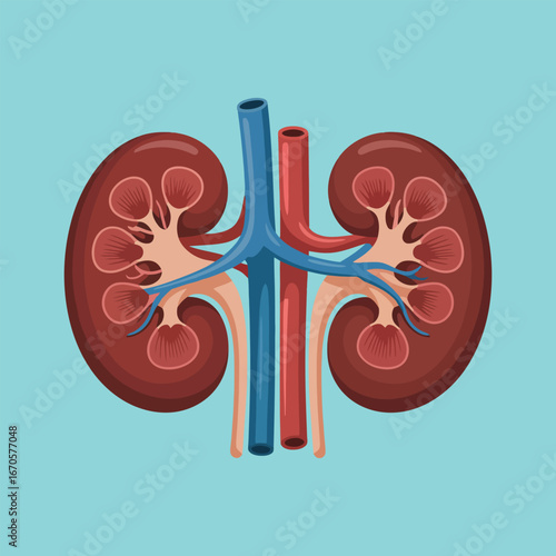 Detailed kidney vector diagram with renal arteries veins and urinary system design