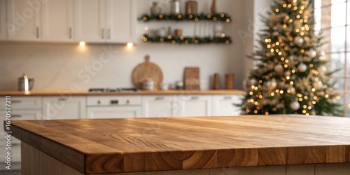 Wooden Kitchen Countertop with Blurred Christmas Tree Background, Festive Kitchen Decor, Christmas Mockup Christmas, Mockup