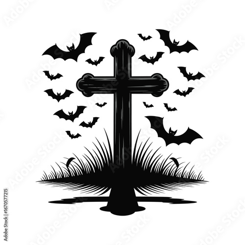 Cross Silhouette Illustration with Bats Cemetery Graphic Element Dark Background