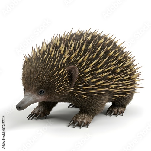 A detailed studio shot of an echidna on an isolated background. The echidna's unique features, from its fur to its claws and snout, are captured in exquisite detail
