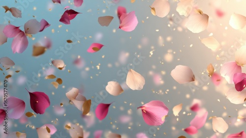 Colorful flower petals gently falling against a soft background, creating a serene and ethereal atmosphere.
