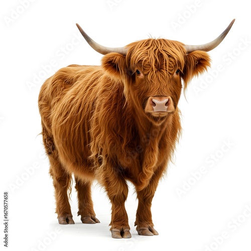 A beautiful highland cattle standing with majestic horns, looking directly at the camera. This fluffy cow is the picture of a calm countryside animal