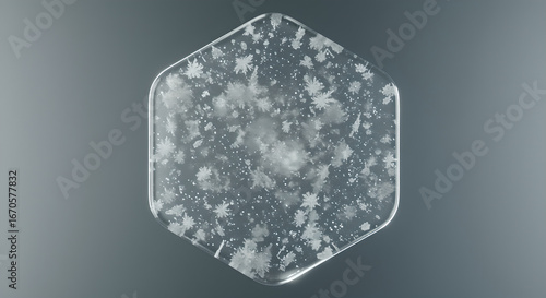 Elegant hexagonal frosted glass with intricate ice crystal formations and delicate snowflakes, minimalist winter background.