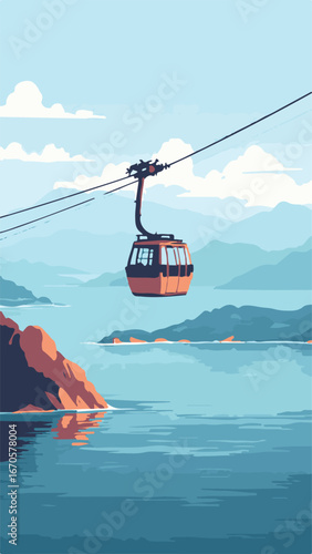 Green valley with hills scenic and cable car