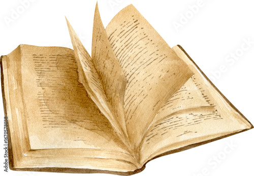 Watercolor Illustration of Open Book with Turning Pages