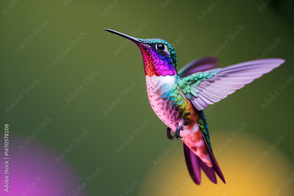 Fototapeta premium Vibrant Hummingbird in Flight Close-Up with Iridescent Feathers and Blurred Green Background