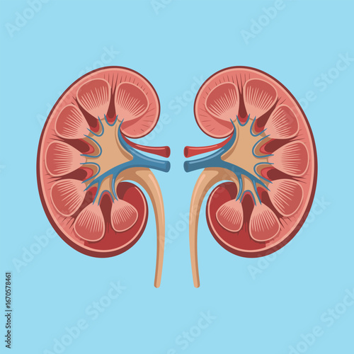 Anatomical drawing of kidney organ showing renal cortex medulla and pelvis