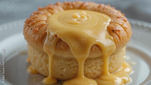 The delicious dessert is served on a plate, featuring a soft base covered with a thick creamy sauce that drips down the edges.