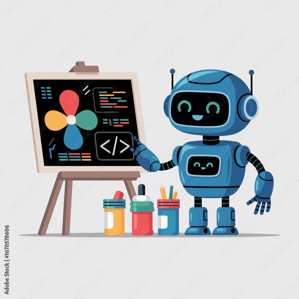 Fototapeta premium Friendly Robot Artist Coding Creativity and Eco-Friendly Design