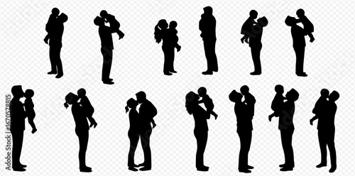 Silhouettes of parents holding and kissing their children, depicting family love and affection in various poses.