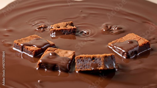 Melted chocolate coats freshly baked brownies, revealing a rich texture and luscious shine for a delicious dessert treat.