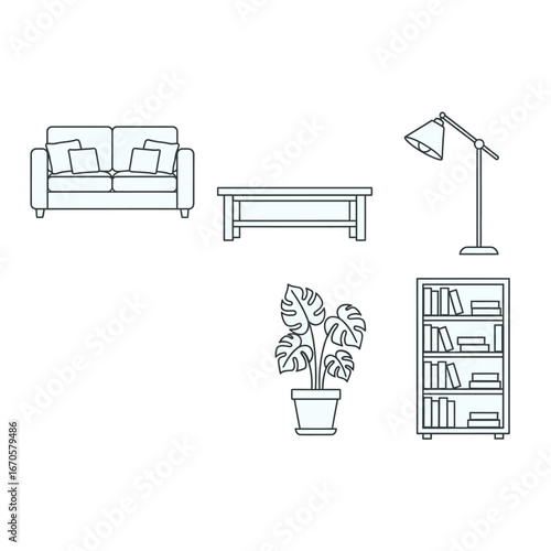 Living room furniture layout design illustration with sofa table lamp and bookshelf vector drawing
