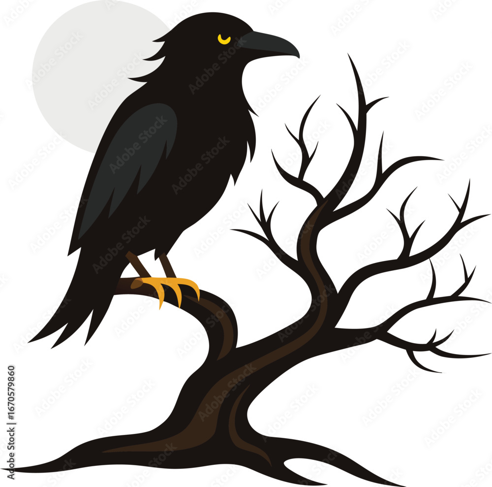 Obraz premium raven on haunted tree branch silhouette clean 