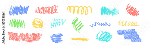 Vector set of freehand scrawl doodles with bold thick strokes, swirl, curl and wave shapes. Multi-color design in red, blue, yellow, green, and turquoise, chalkboard stain effect included.