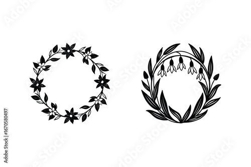 Floral wreaths with blossoms and leaves botanical decorative