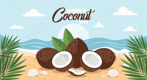 World Coconut Day illustration featuring whole and halved coconuts on a sandy beach with ocean waves and palm leaves.