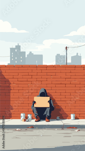 Homeless Man Sitting Against Brick Wall with Blank Sign