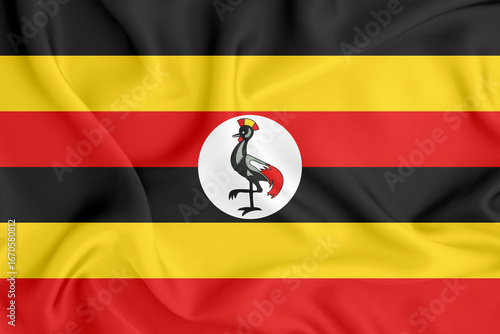flag of the Republic of Uganda with six stripes and a crowned crane on satin fabric with folds and shadows Free Download flag of the Republic of Uganda with six stripes and a crowned crane on satin fabric with folds and shadows - GFXLoad