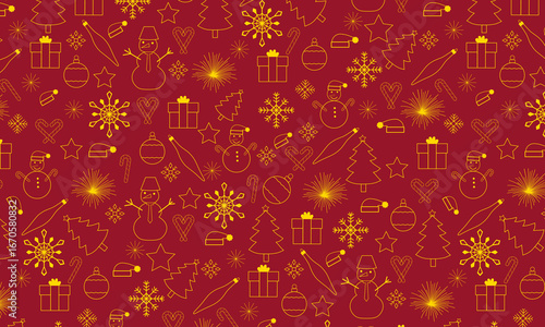 Vector. Christmas and New Year seamless pattern. Yellow holiday decorations on red background.
