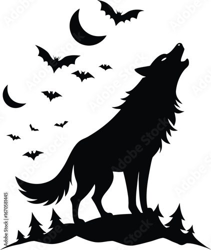 wolf howling with bats flying around silhouette 