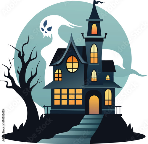  creepy mansion with ghost rising from chimney 