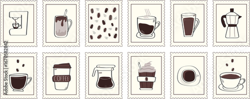 Set of hand drawn coffee illustrations designed as vintage postage stamps.Perfect for calendar design,packaging,stickers,postcards,cafe branding and digital projects.