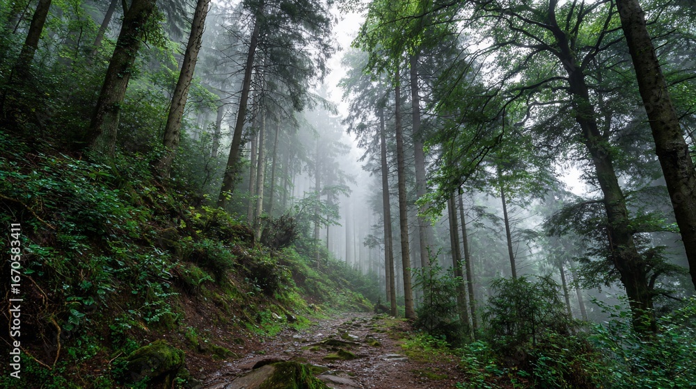 Fototapeta premium Misty forest scene with tall trees, green foliage, and a winding path