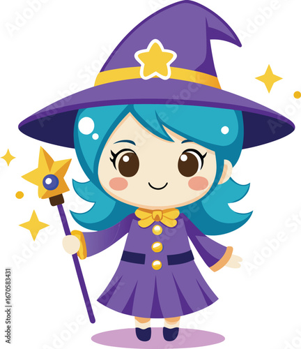  cute kawaii witch holding magic wand clean white