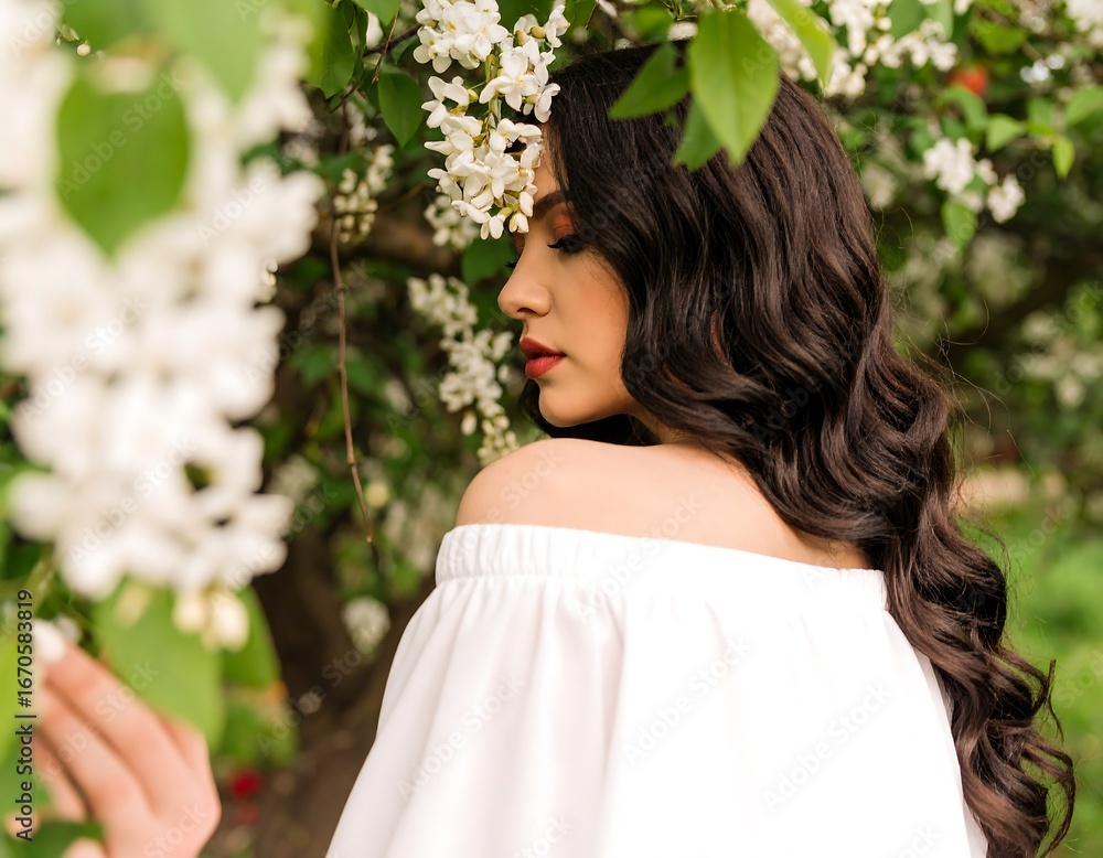 Naklejka premium Woman in white, spring flowers