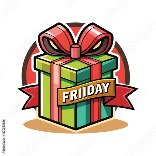 Festive green gift box with red ribbon and friday label for sales events